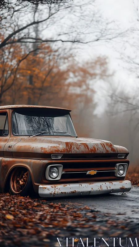 Lowered rusty Chevy pickup rests on wet autumn forest road