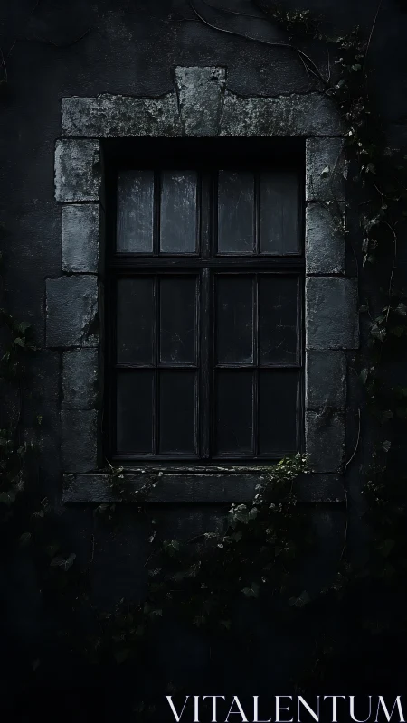 Weathered stone window wrapped in quiet climbing ivy.