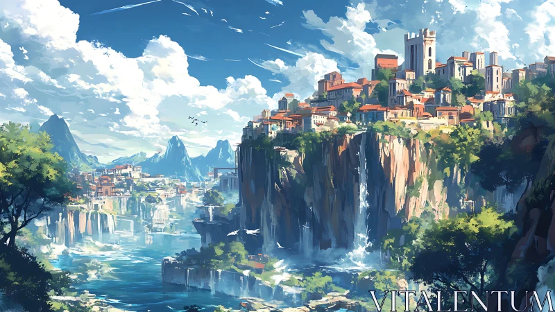 Sunlit cliffside city rises above cascading turquoise waters