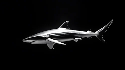Sleek silver shark glides calmly through deep black water