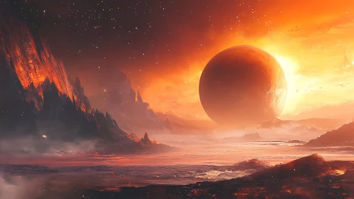 Lava plains frame large eclipsed planet over fiery horizon