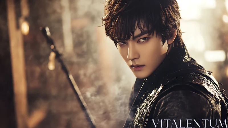 Moody warrior portrait in cinematic warm backlighting.