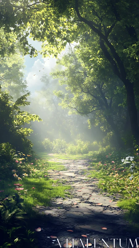 Forest path with tree canopy and bright sky break