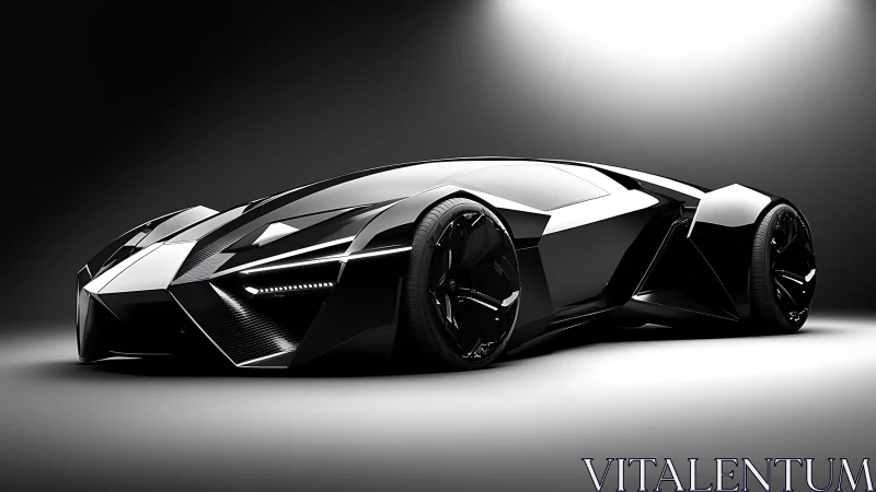 Futuristic black hypercar in dramatic studio side profile.