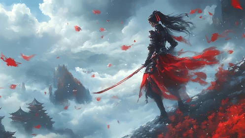 Warrior in red overlooking misty mountains and temples.