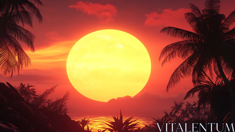 Overscaled tropical sun rendering with silhouetted palm trees and haze