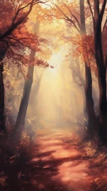 Autumn's Glowing Path Through the Misty Forest