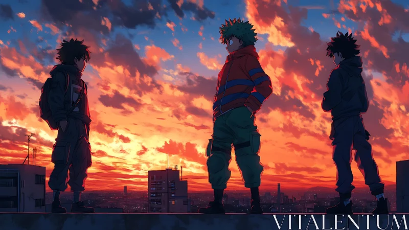 Sunset rooftop trio caught between city lights and dreams.