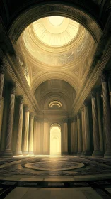 Neoclassical vaulted hall with luminous oculus and colonnades.