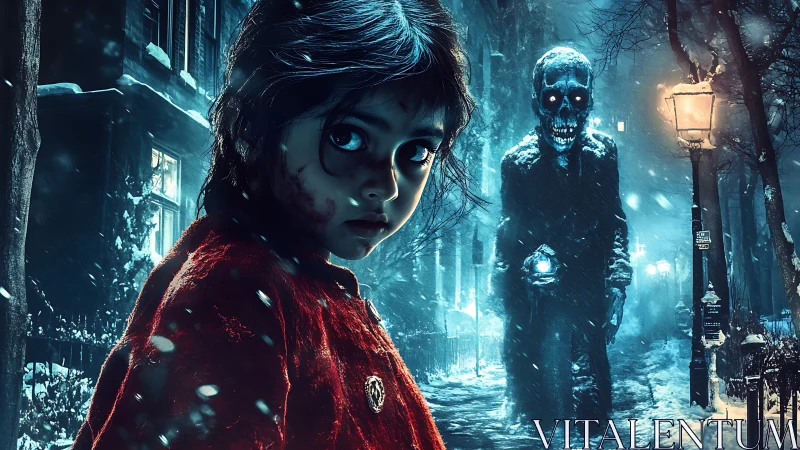 Haunted winter street as a fearful child senses looming horror.