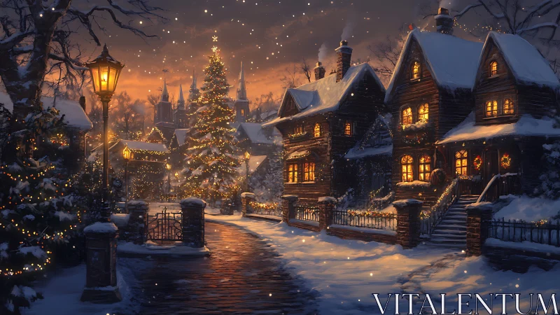 Snowy village street with glowing Christmas lights at dusk.