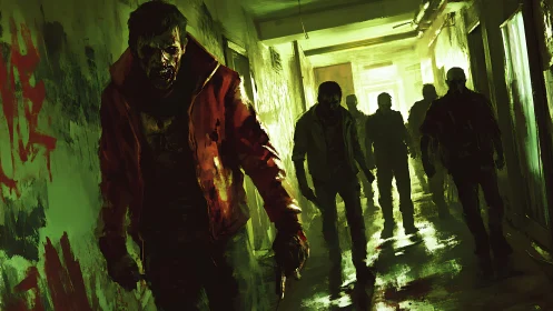 Stalking the neon hallway with a restless zombie horde.