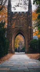 Gothic stone archway on campus framed by autumn foliage.