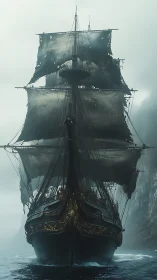 Ghost galleon carves a path through storm-torn coastal fog.