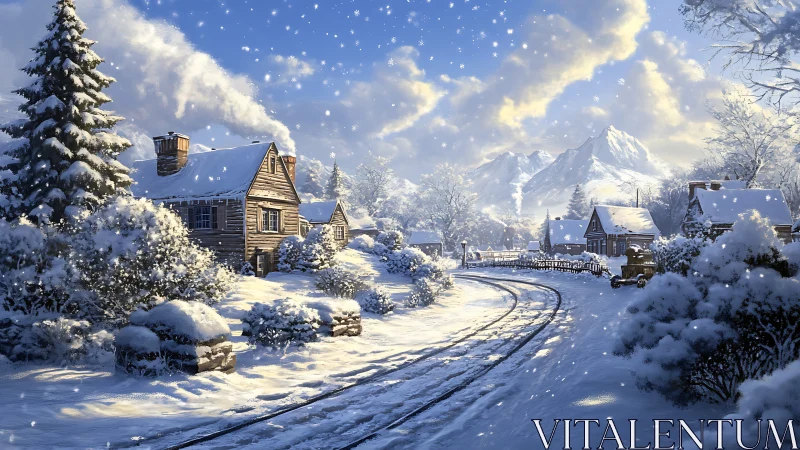 Snow-covered village lane under bright winter sky.
