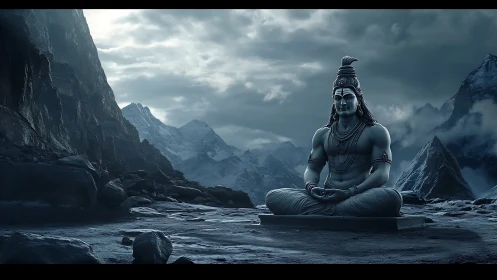 Serene stone deity sits meditating in frozen mountain pass