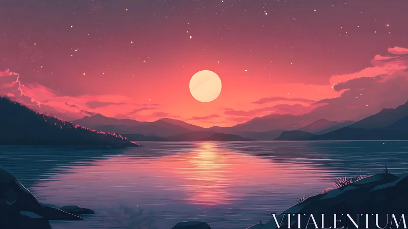 Serene digital lake sunset with moonlit reflections.