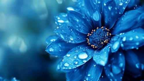 Blue flower with water droplets in macro detail