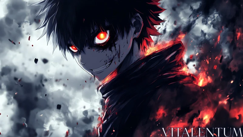 Dark figure with glowing red eyes amid smoke and embers.