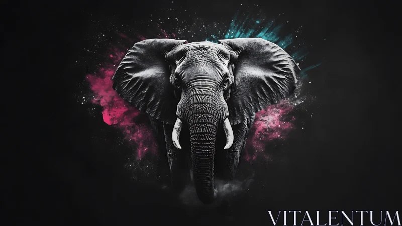 Cosmic tusker strides from neon dust and midnight shadow