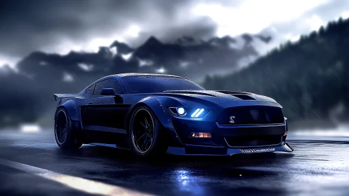 Midnight muscle car cuts through stormlit mountain highway.