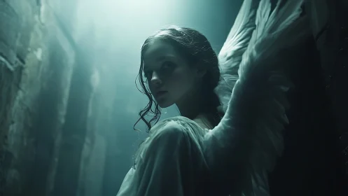 Subsurface-lit winged figure in narrow stone corridor nocturne.