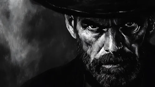 Monochrome close-up portrait of bearded man in hat.