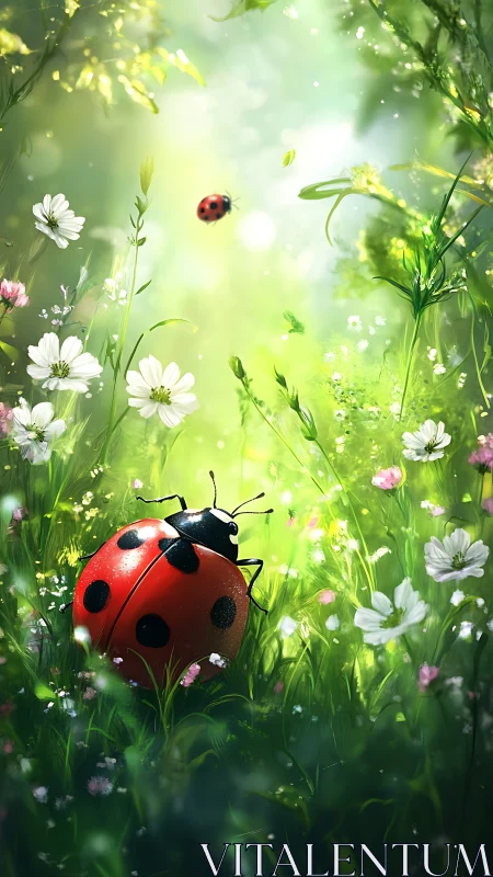 Ladybug rests in glowing spring meadow, vivid greens bloom.