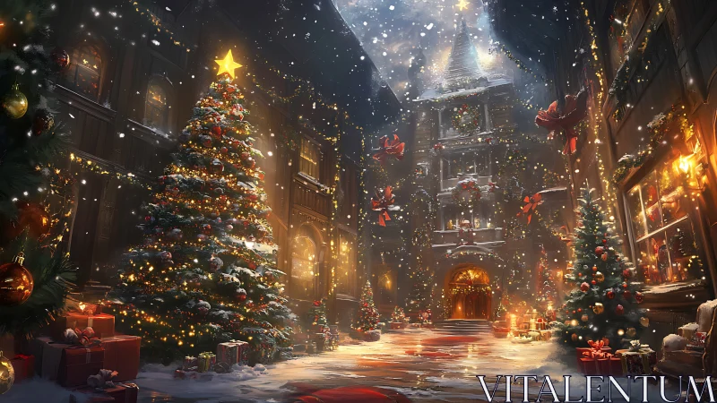 Snowy Christmas courtyard glows under warm festive lights