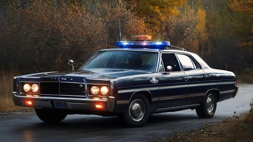 Vintage black police sedan with active roof lights on road.