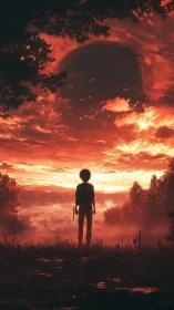 Silhouetted figure observing red cloudscape and dark vortex.