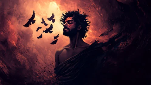 Solitary man embraces circling crows within flaming void