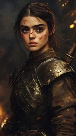 Battle-scarred young warrior in scorched bronze armor.