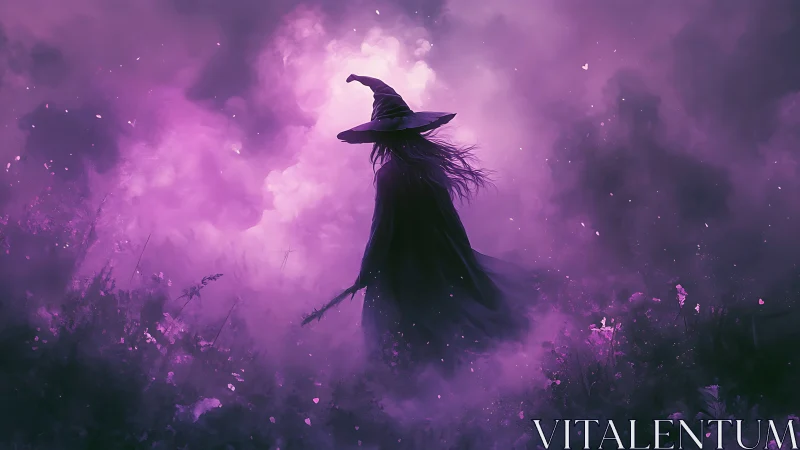 Mystical witch wandering through glowing violet night mist.