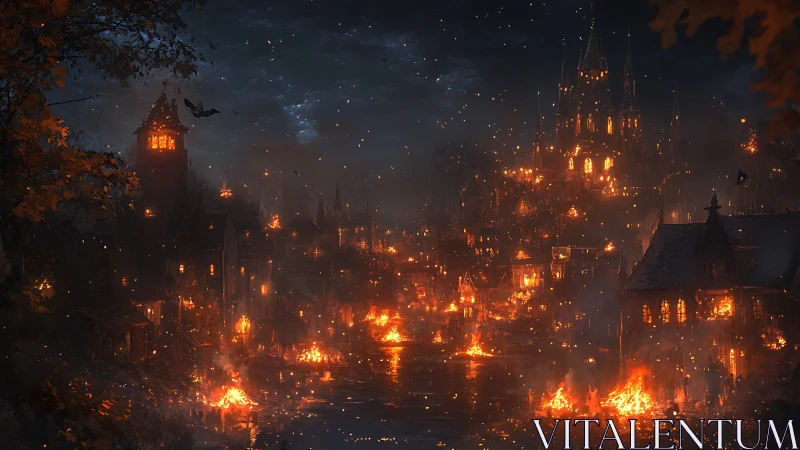 Medieval Castle City Engulfed in Flames at Twilight.