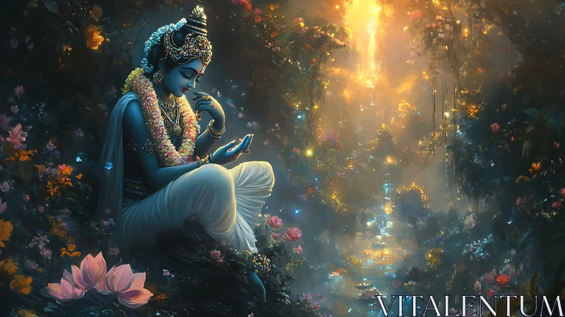 Blue-skinned figure rests in glowing, flower-filled forest.