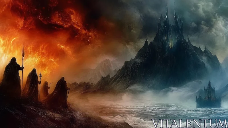 Ritual procession advances toward spiked obsidian fortress under bifurcated storm sky