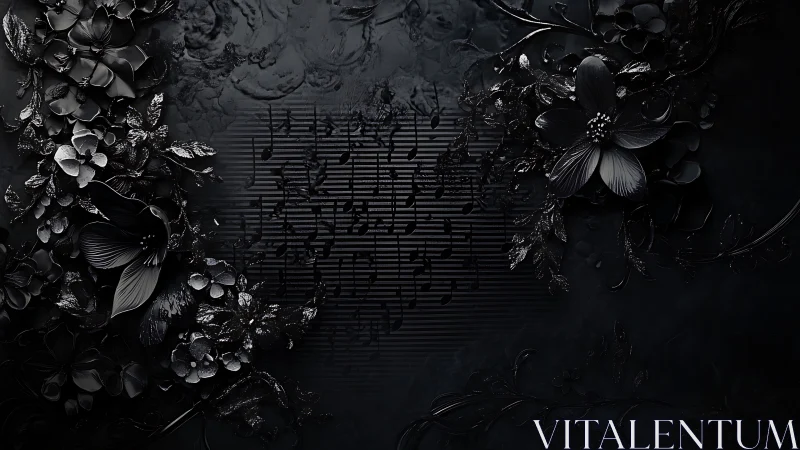 Glossy black floral relief frames dark abstract music field