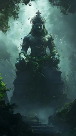 Ancient jungle deity statue looms in mystical emerald mist