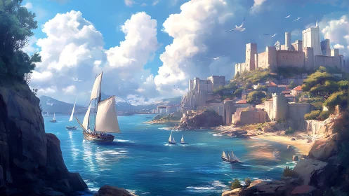 Coastal fortress city with sailing ships in sunlight.