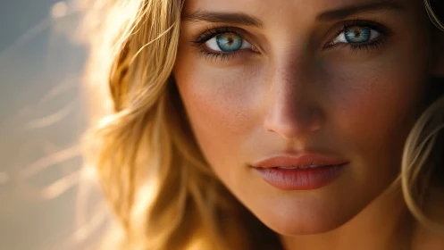 Sunlit blue-eyed gaze shimmering in warm golden quiet.