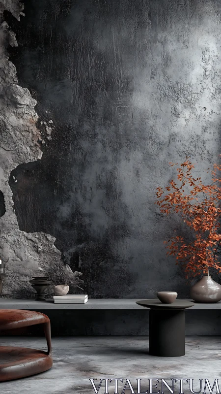 Minimalist loft corner with distressed wall and foliage.