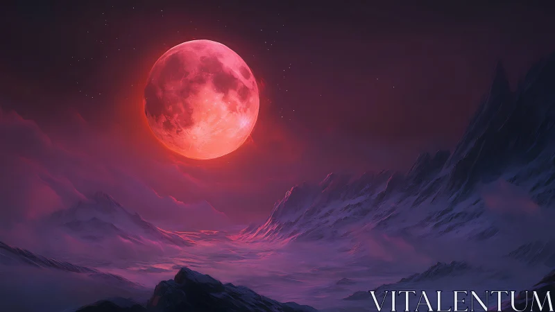 Crimson moonrise over a dreamy frostbitten valleyscape.