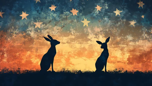Silhouetted rabbits sit under textured starry dusk sky
