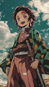 Brave young swordsman smiling beneath a wide open sky.