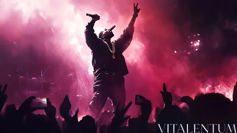 Hip hop performer on stage in pink concert lighting.