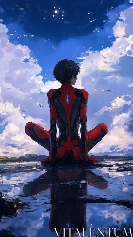 Youth in red exosuit sits by reflective water under sky