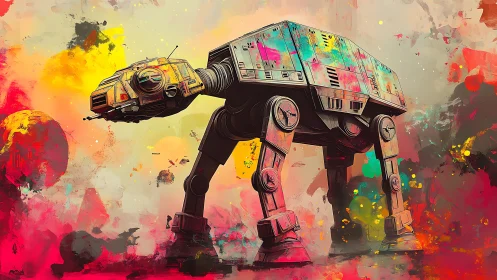 Color-splashed sci fi walker strides through neon war fog