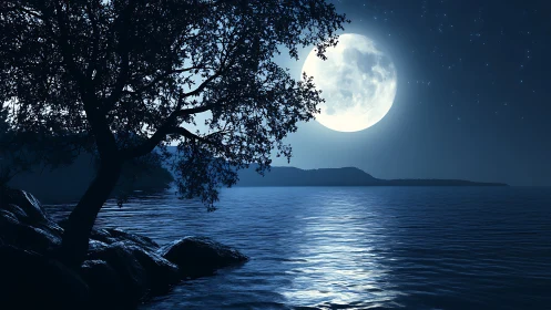 Full moon illuminates tranquil coastal water and silhouetted tree