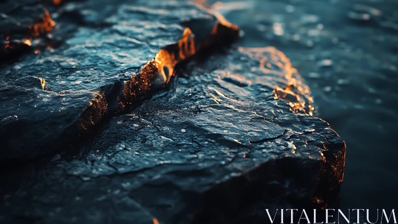 Golden sunset light glows across wet coastal rock surface